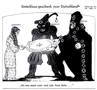 ‘Zwarte Piet’ Goering en ‘Sinterklaas’ Hitler bieden Duitsland Winterhilfe. Albert Hanh jr. in De Notenkraker, 2 december 1933. (Medium)