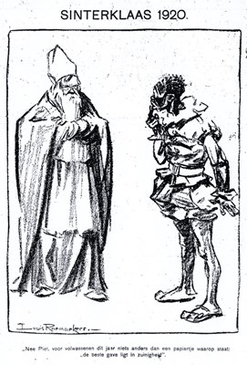 Zwarte Piet en Sinterklaas zijn in 1920 door de economische situatie sober gekleed. Louis Raemaekers in De Telegraaf, 5 december 1920. (Medium)